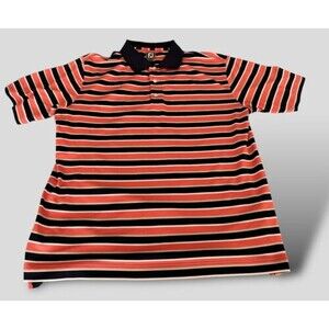 Footjoy FJ Logo Coral Navy Stripe Polo Golf Shirt Mens Medium Embroidered Sleeve